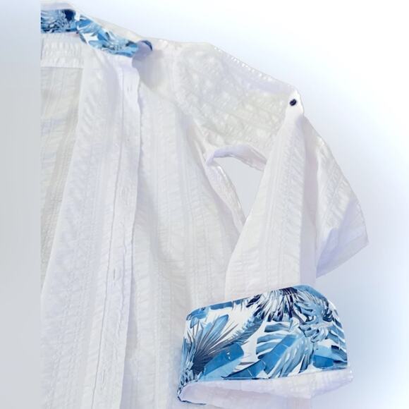 ENVY Womens Shirt Large White Blue Tropical Hawaiian Button-Front Resort Beach - Picture 4 of 10